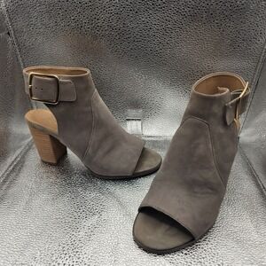 Vionic Blakely Grey Suede Peep Toe Chunky Heels Shoes Size 7 EU 38 Ankle Strap